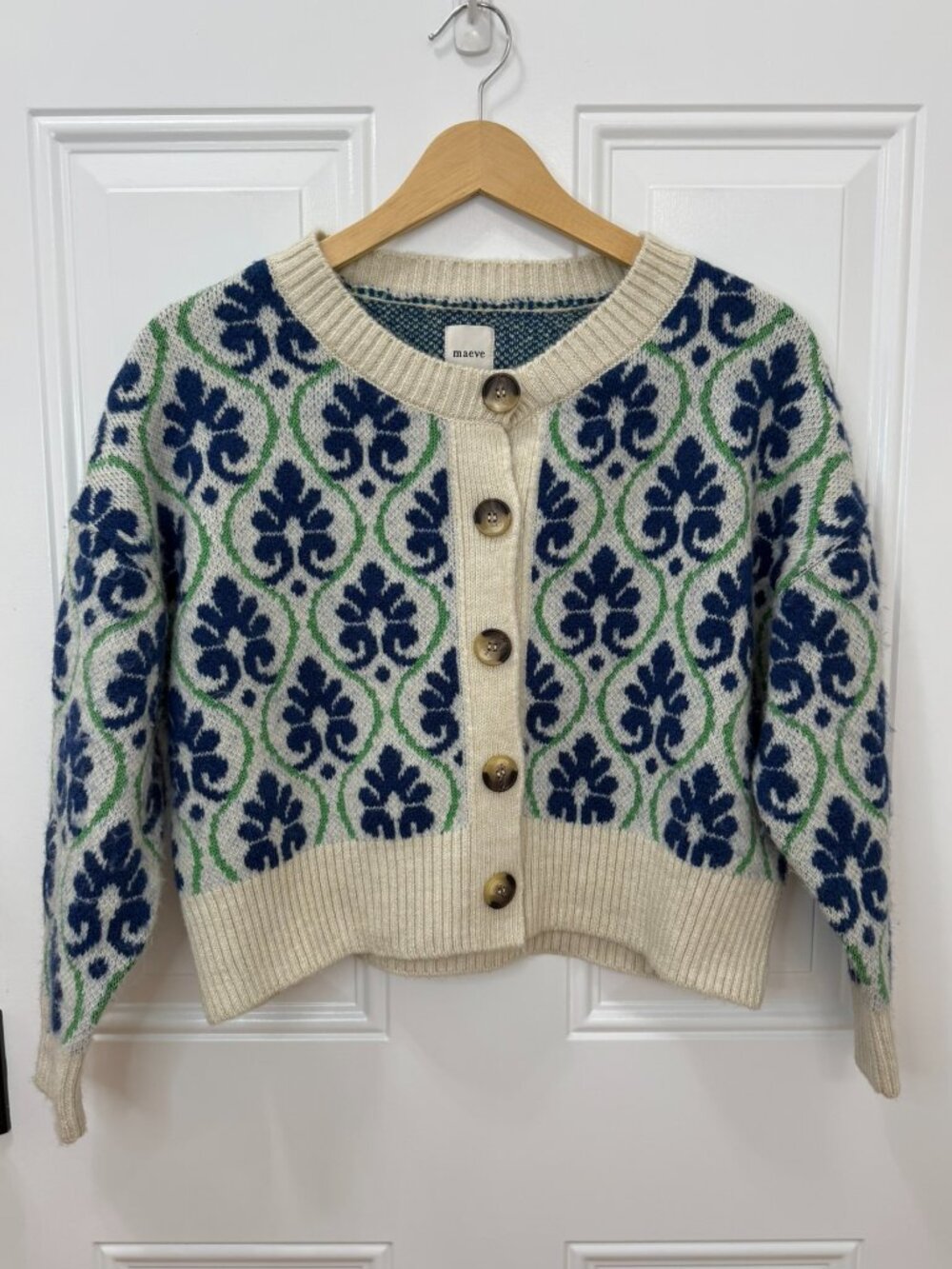 Maeve Anthropologie Pop Floral Cardigan Blue Ivory Knit Sweater XXSP - Picture 4 of 9